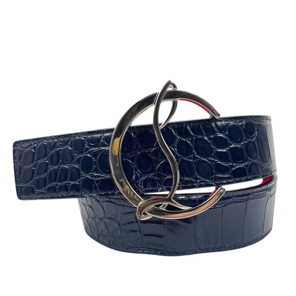 Christian Louboutin CL Logo Crocodile Reversible Leather Belt Blue Size 85/34 - Picture 2 of 14
